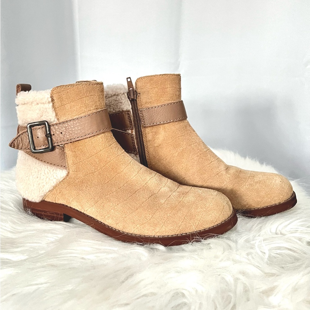 Kelsi Dagger Women’s Shearling Moto Boots - tan suede - like new